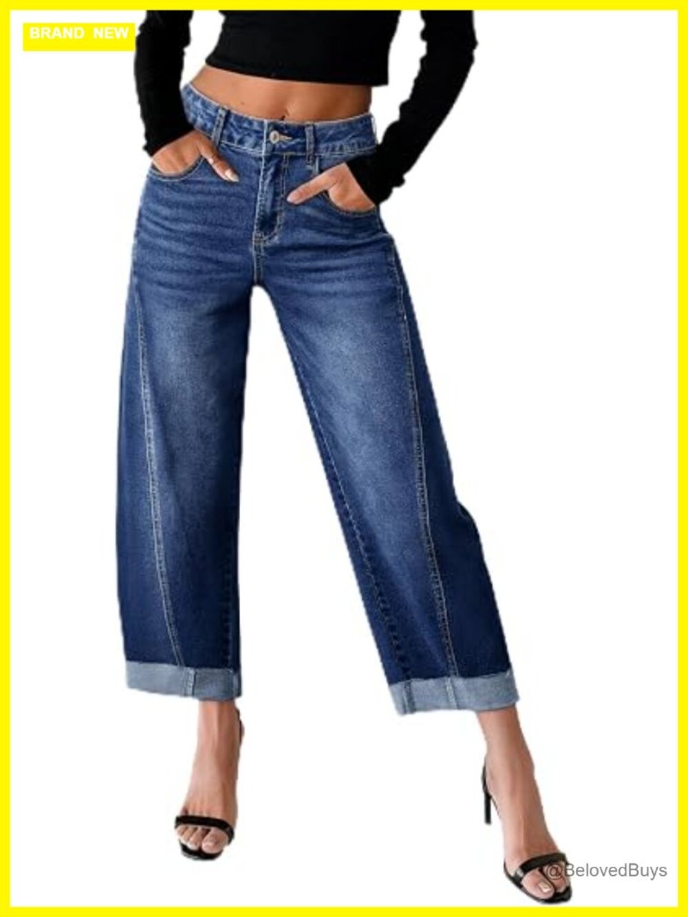 High Waisted Wide Leg Baggy Stretchy Raw Rolled Hem Cropped Ankle Denim Pants
